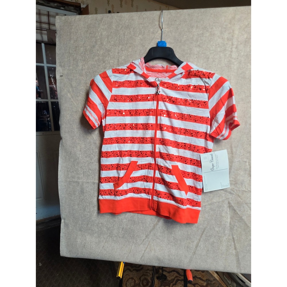 Onque Casuals Womens Red White Striped Sequin‎ Short Sleeve Zip Up Hoodie Small